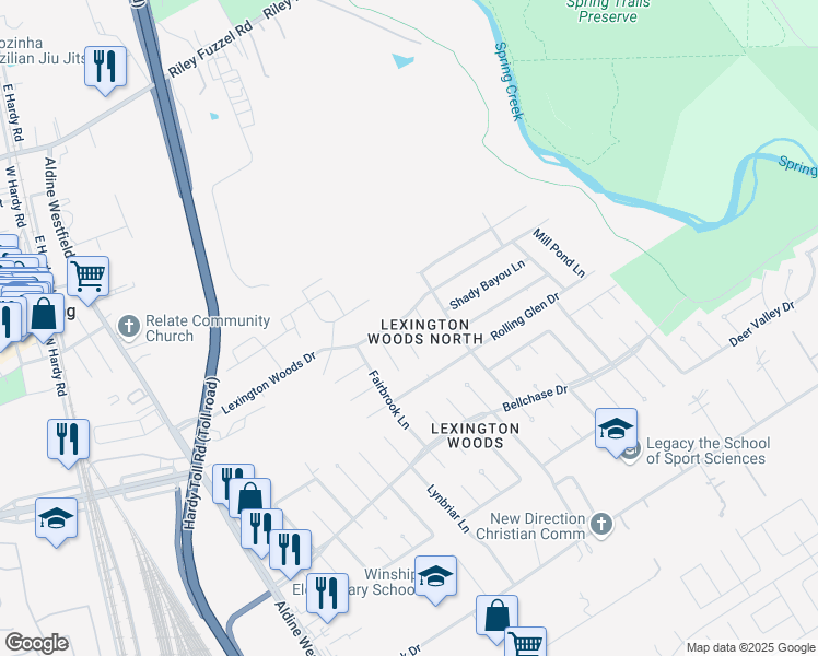 map of restaurants, bars, coffee shops, grocery stores, and more near 25906 Long Hill Lane in Spring