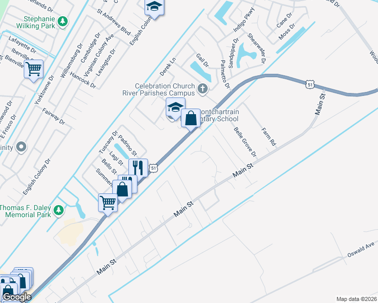map of restaurants, bars, coffee shops, grocery stores, and more near 158 Ingleside Road in LaPlace