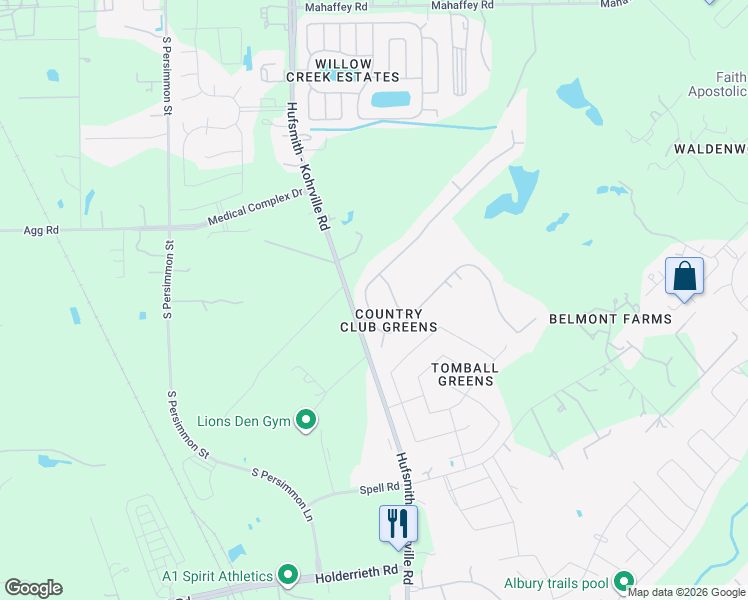 map of restaurants, bars, coffee shops, grocery stores, and more near 21622 Country Club Green Dr in Tomball