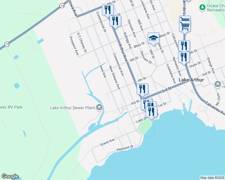 map of restaurants, bars, coffee shops, grocery stores, and more near 416 Iowa Avenue in Lake Arthur