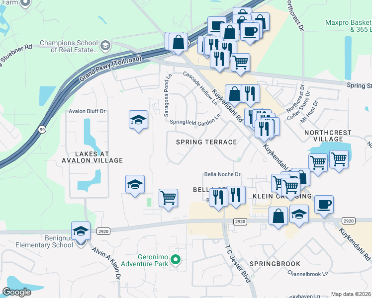 map of restaurants, bars, coffee shops, grocery stores, and more near 6807 Shallow River Court in Spring