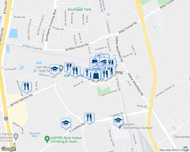 map of restaurants, bars, coffee shops, grocery stores, and more near 326 Main Street in Spring