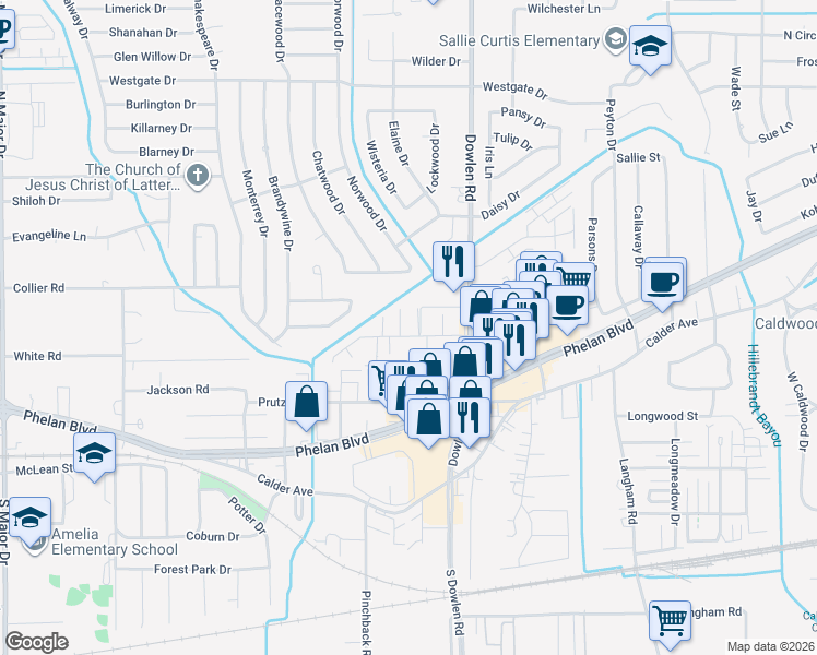 map of restaurants, bars, coffee shops, grocery stores, and more near 6634 Lexington Drive in Beaumont