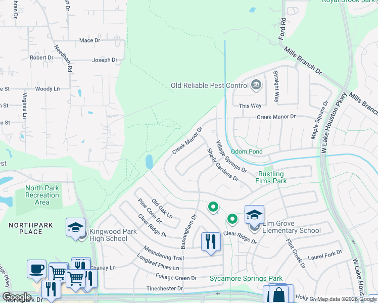 map of restaurants, bars, coffee shops, grocery stores, and more near 2911 Parkwood Manor Drive in Humble