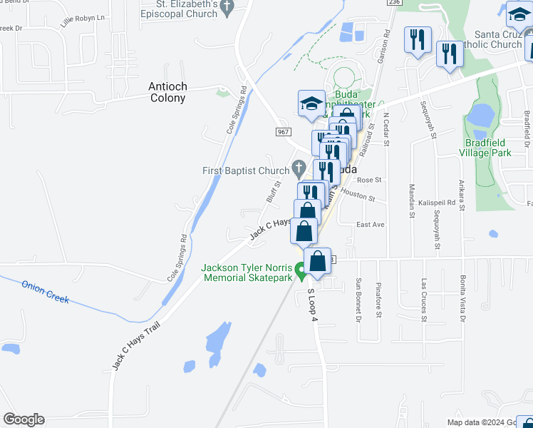 map of restaurants, bars, coffee shops, grocery stores, and more near 301 Bluff Street in Buda