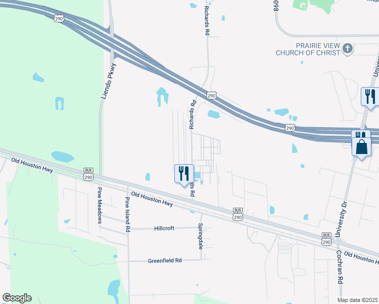 map of restaurants, bars, coffee shops, grocery stores, and more near 23229 Richards Road in Prairie View