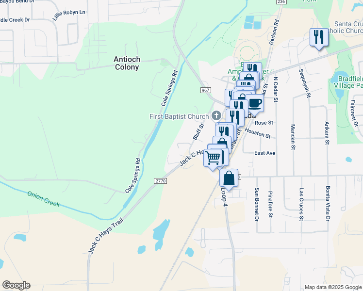 map of restaurants, bars, coffee shops, grocery stores, and more near 301 Bluff Street in Buda