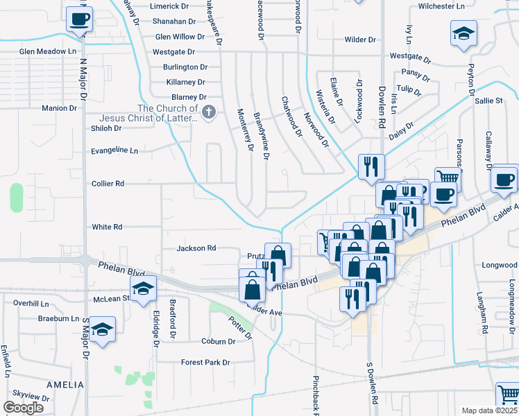 map of restaurants, bars, coffee shops, grocery stores, and more near 725 Brandywine Drive in Beaumont