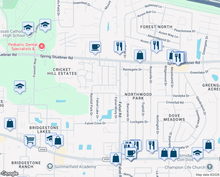map of restaurants, bars, coffee shops, grocery stores, and more near 3975 Mossy Spring Lane in Spring