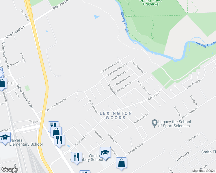 map of restaurants, bars, coffee shops, grocery stores, and more near 25807 Wingfield Lane in Spring