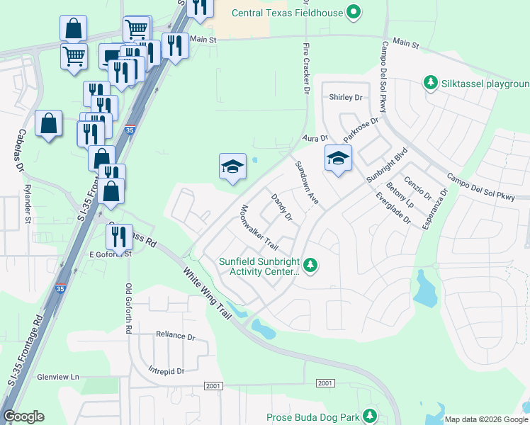 map of restaurants, bars, coffee shops, grocery stores, and more near 174 Pine Arbol in Buda