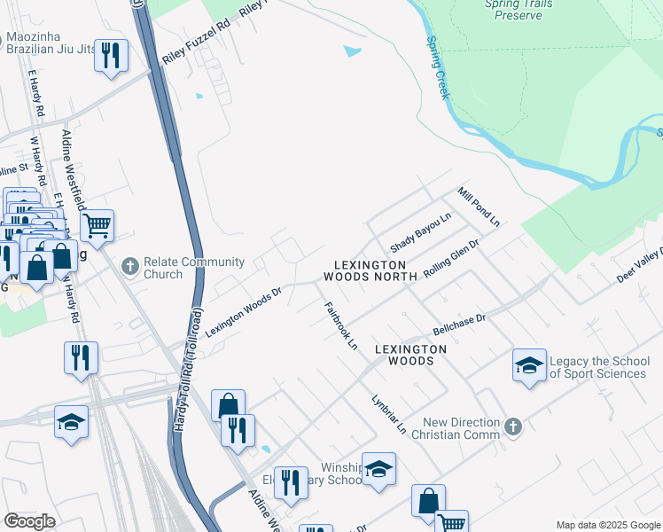 map of restaurants, bars, coffee shops, grocery stores, and more near 2235 Lexington Woods Drive in Spring