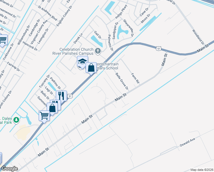 map of restaurants, bars, coffee shops, grocery stores, and more near 129 Oak Ridge Drive in LaPlace