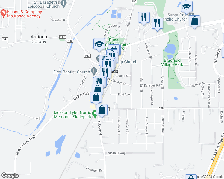 map of restaurants, bars, coffee shops, grocery stores, and more near 115 Railroad Street in Buda