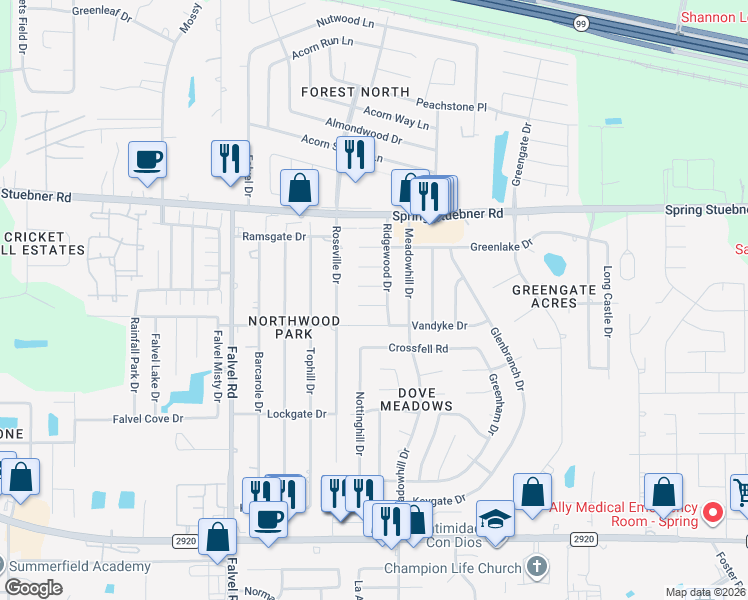 map of restaurants, bars, coffee shops, grocery stores, and more near 3410 Meadowlark Lane in Spring