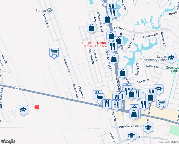 map of restaurants, bars, coffee shops, grocery stores, and more near 1605 Tiffany Drive in LaPlace