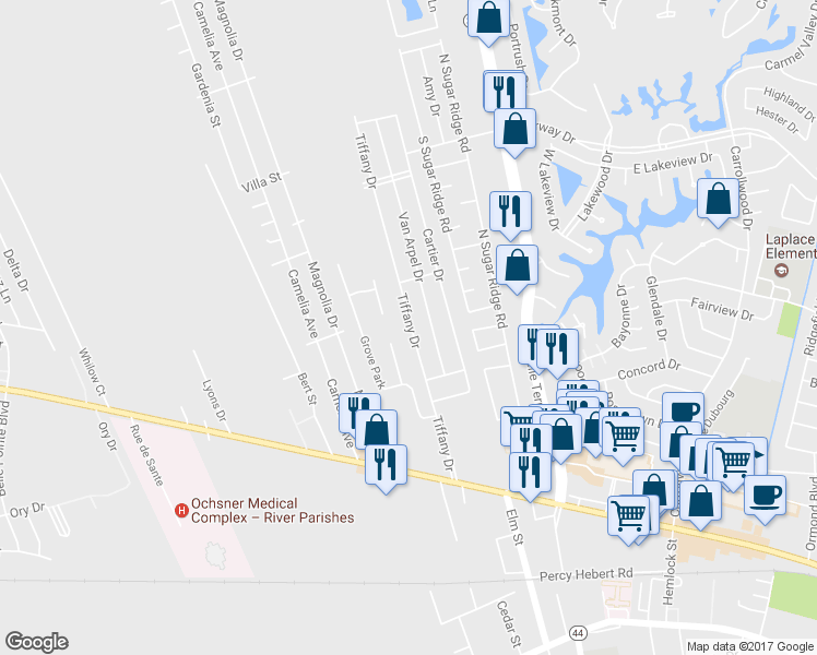 map of restaurants, bars, coffee shops, grocery stores, and more near 1605 Tiffany Drive in LaPlace