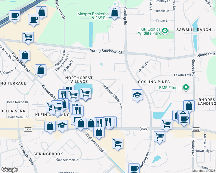 map of restaurants, bars, coffee shops, grocery stores, and more near 5802 Northcrest Village Way in Spring