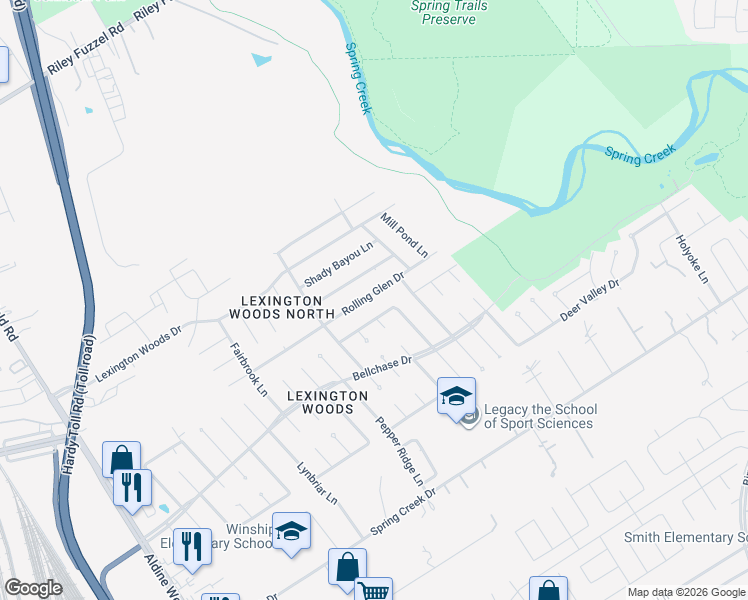 map of restaurants, bars, coffee shops, grocery stores, and more near 2606 Rolling Glen Drive in Spring