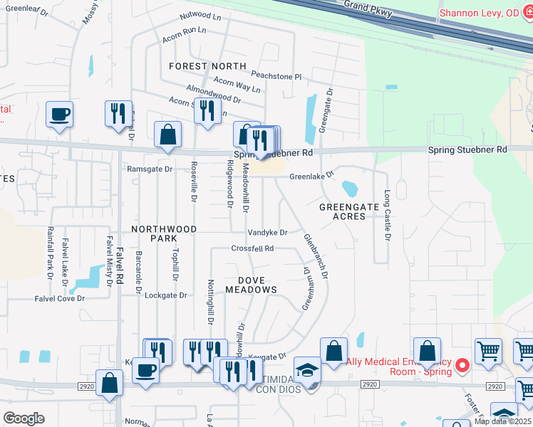 map of restaurants, bars, coffee shops, grocery stores, and more near 21718 Rotherham Drive in Spring