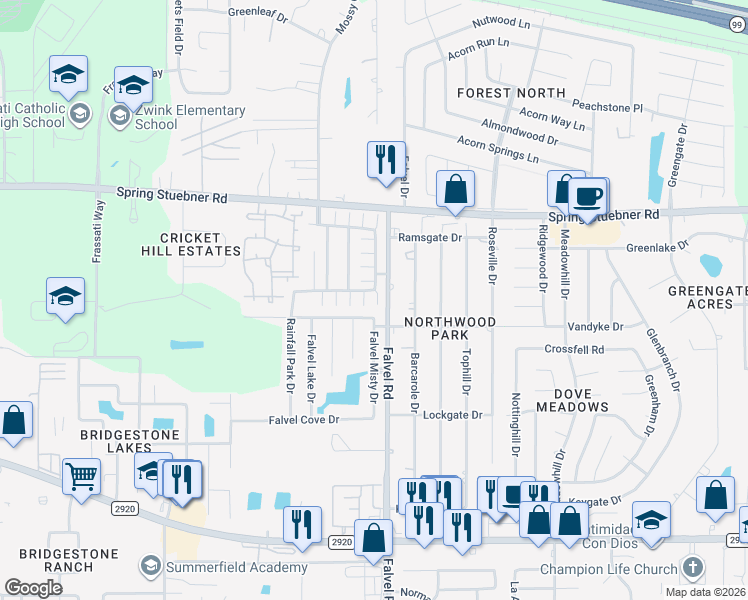 map of restaurants, bars, coffee shops, grocery stores, and more near 21710 Mossy Field Lane in Spring