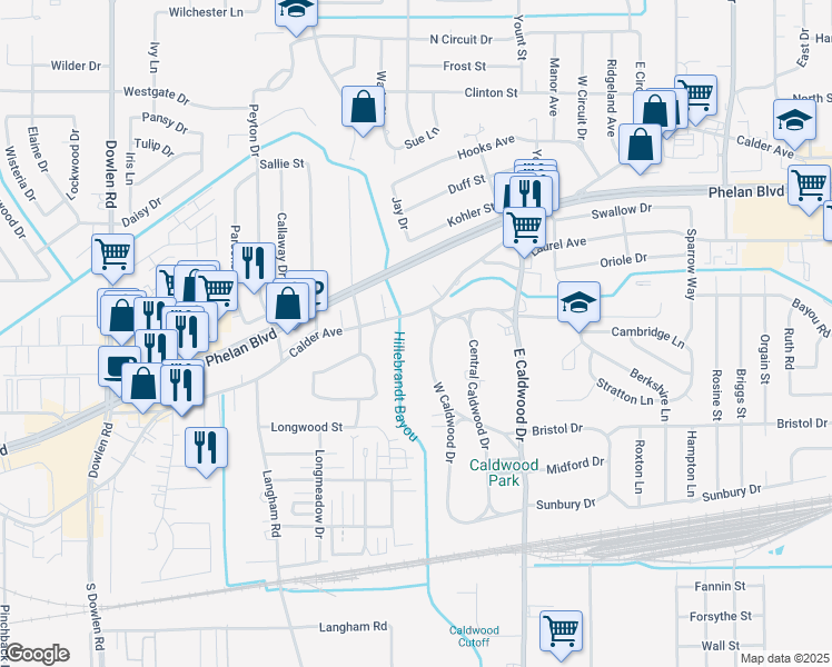 map of restaurants, bars, coffee shops, grocery stores, and more near 104 West Caldwood Drive in Beaumont