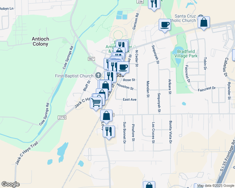 map of restaurants, bars, coffee shops, grocery stores, and more near 115 Railroad Street in Buda