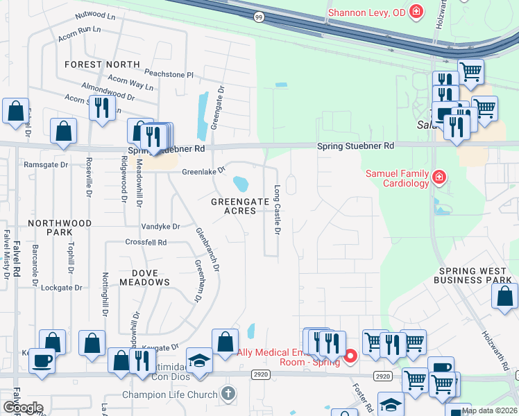 map of restaurants, bars, coffee shops, grocery stores, and more near 21703 Windsor Castle Drive in Spring