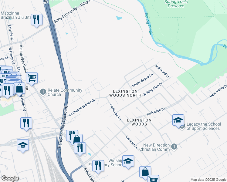 map of restaurants, bars, coffee shops, grocery stores, and more near 2235 Lexington Woods Drive in Spring
