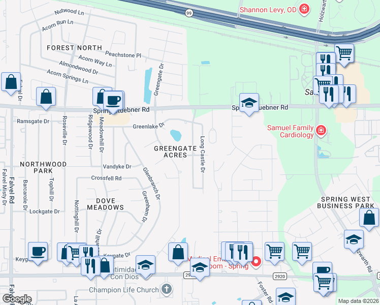 map of restaurants, bars, coffee shops, grocery stores, and more near 21703 Windsor Castle Drive in Spring