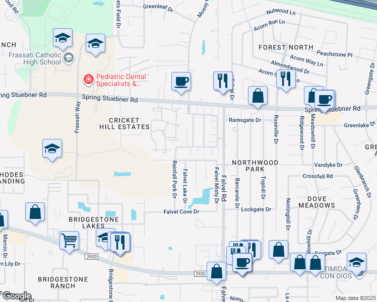 map of restaurants, bars, coffee shops, grocery stores, and more near 4071 Mossy Spring Lane in Spring