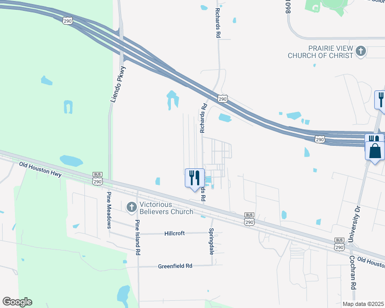 map of restaurants, bars, coffee shops, grocery stores, and more near 23240 High Point Street in Prairie View