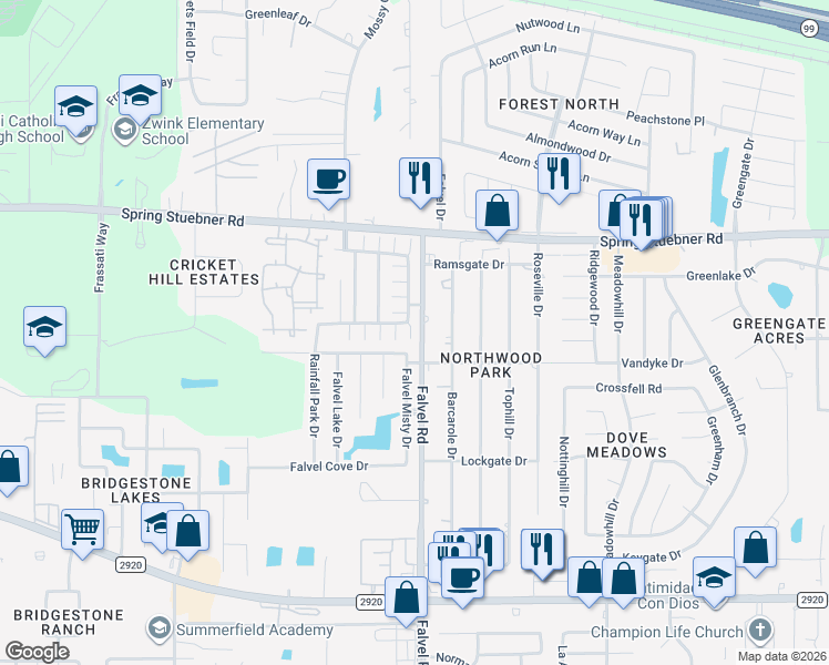 map of restaurants, bars, coffee shops, grocery stores, and more near 21710 Mossy Field Lane in Spring