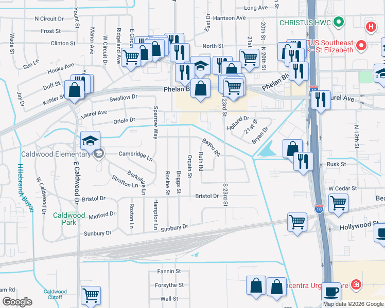 map of restaurants, bars, coffee shops, grocery stores, and more near 129 Orgain Street in Beaumont