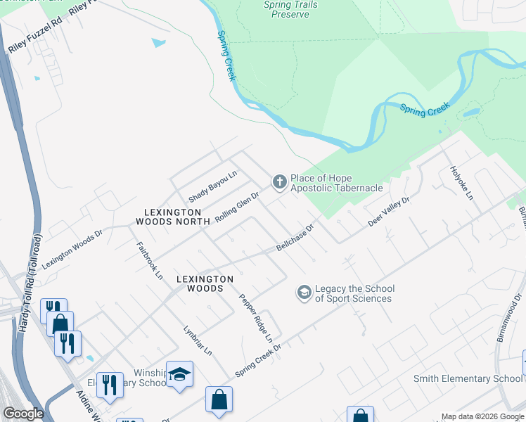 map of restaurants, bars, coffee shops, grocery stores, and more near 25547 Chapel Ridge Lane in Spring