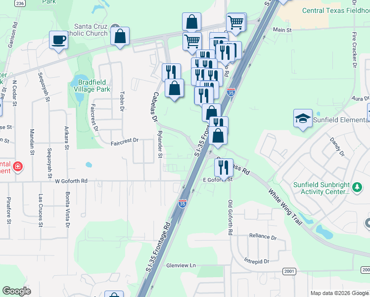 map of restaurants, bars, coffee shops, grocery stores, and more near South IH 35 in Buda