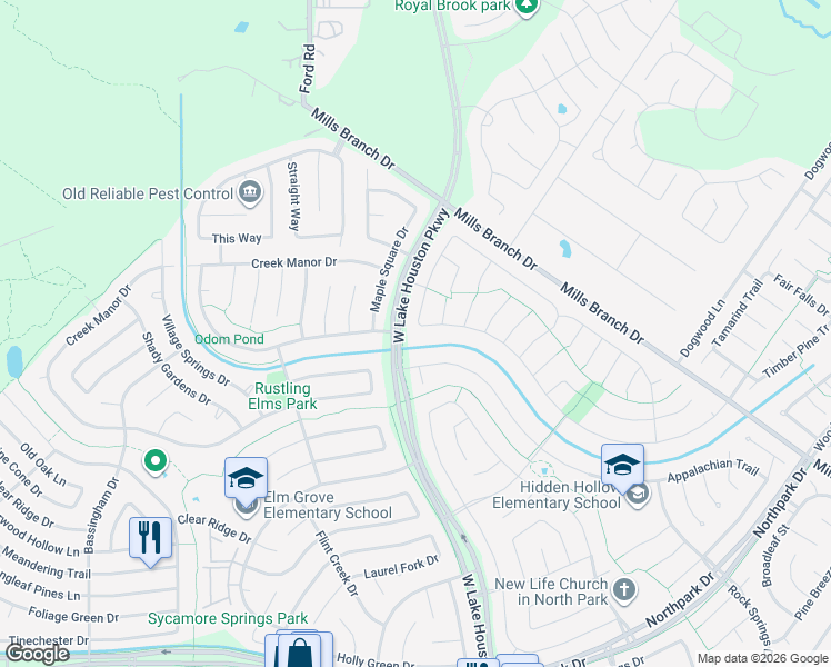 map of restaurants, bars, coffee shops, grocery stores, and more near 3202 Echo Mountain Drive in Houston