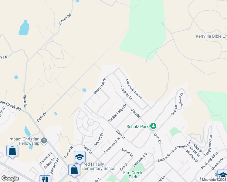 map of restaurants, bars, coffee shops, grocery stores, and more near 2109 Bluff Ridge Drive in Kerrville