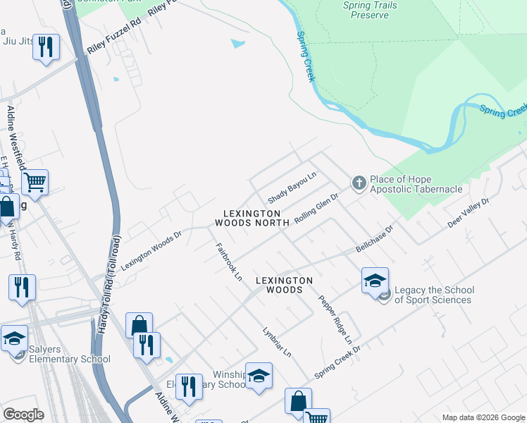 map of restaurants, bars, coffee shops, grocery stores, and more near 25807 Wingfield Lane in Spring