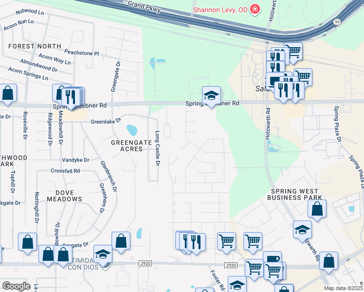 map of restaurants, bars, coffee shops, grocery stores, and more near 2514 Crossfell Road in Spring