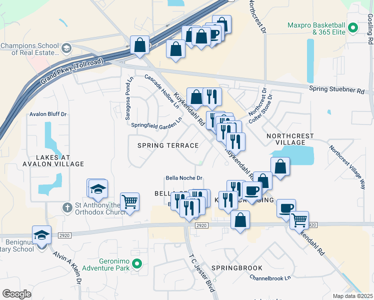 map of restaurants, bars, coffee shops, grocery stores, and more near 6715 Seminole Lodge Lane in Spring