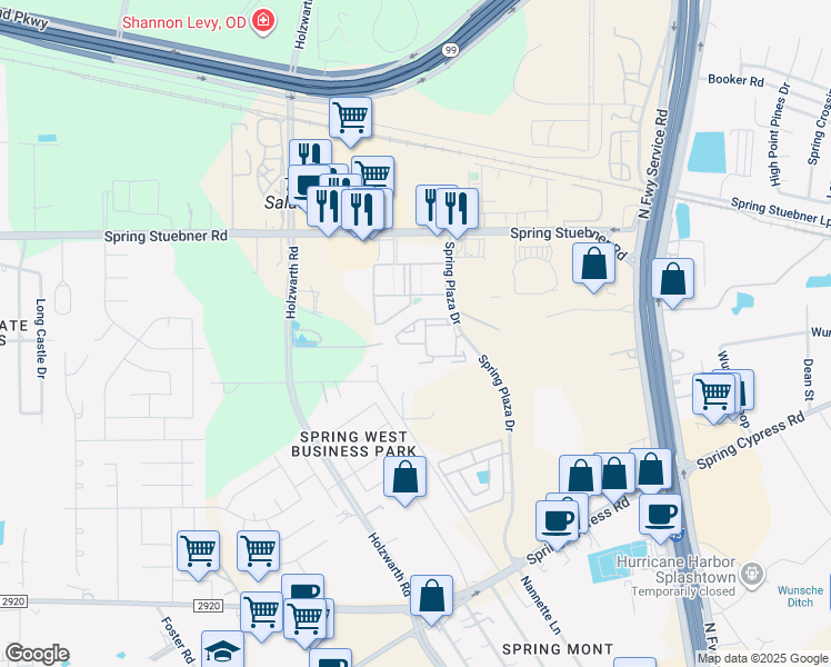 map of restaurants, bars, coffee shops, grocery stores, and more near 21525 Spring Plaza Drive in Spring