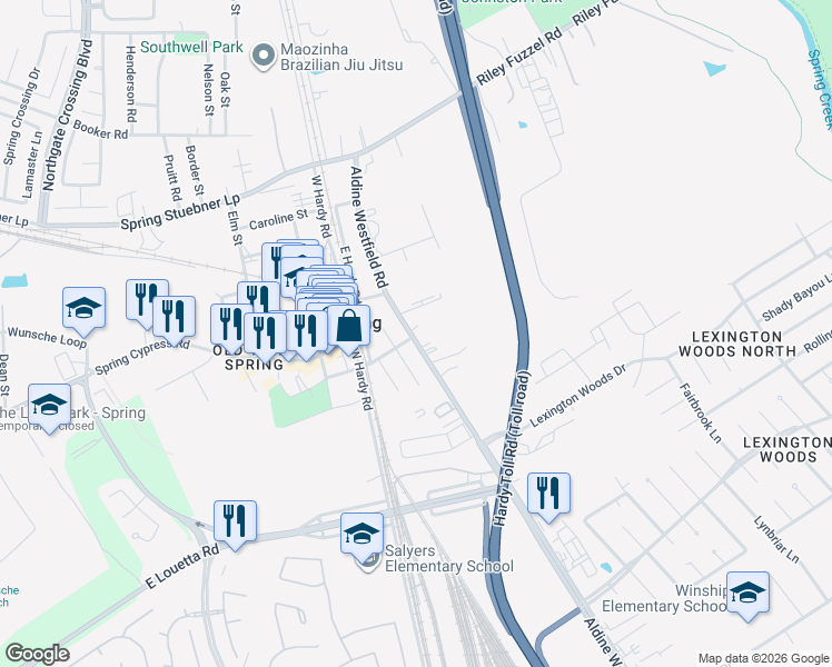 map of restaurants, bars, coffee shops, grocery stores, and more near 4 Aldine Westfield Road in Spring