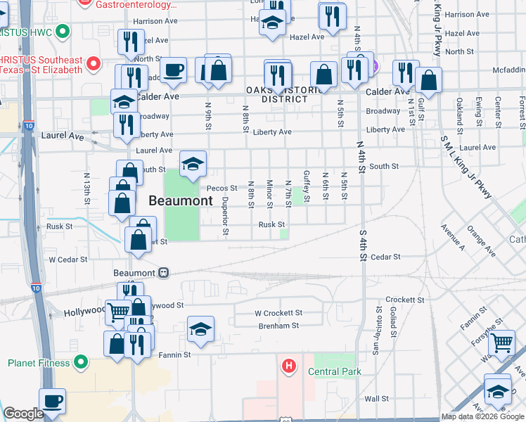 map of restaurants, bars, coffee shops, grocery stores, and more near 2385 Angelina Street in Beaumont
