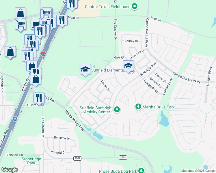 map of restaurants, bars, coffee shops, grocery stores, and more near 178 Dandy Drive in Buda