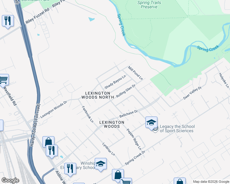 map of restaurants, bars, coffee shops, grocery stores, and more near 2502 Knollbrook Lane in Spring