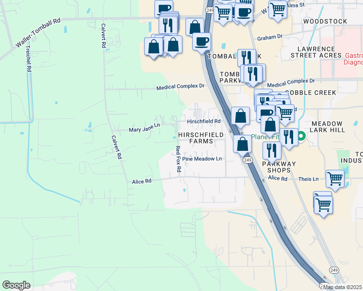 map of restaurants, bars, coffee shops, grocery stores, and more near 14219 Meadowlark Lane in Tomball