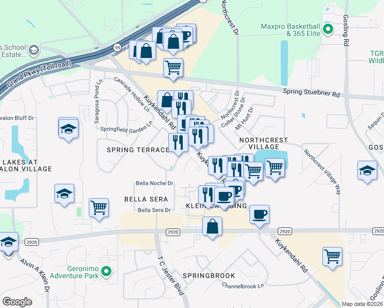 map of restaurants, bars, coffee shops, grocery stores, and more near 21502 Amesbury Meadow Lane in Spring