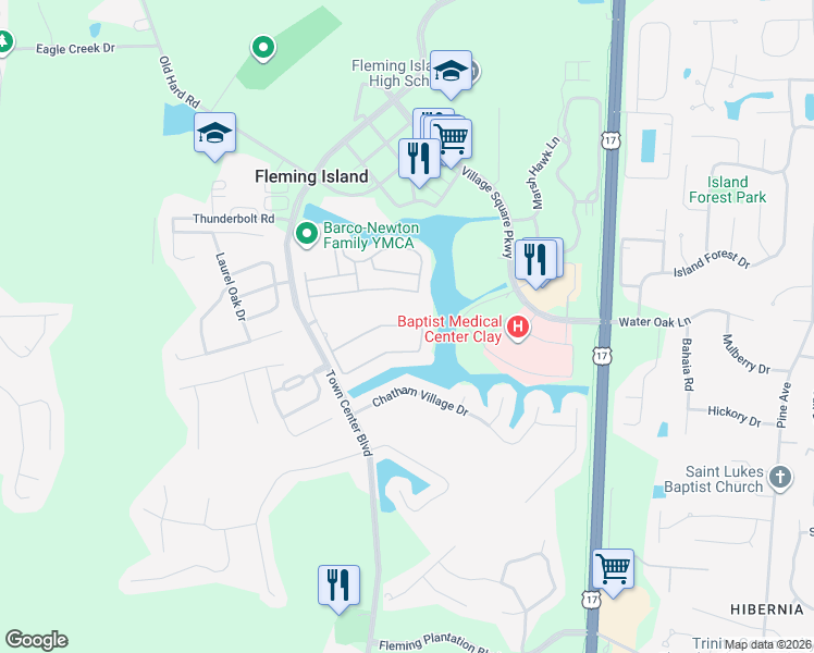 map of restaurants, bars, coffee shops, grocery stores, and more near 1625 Calming Water Drive in Fleming Island