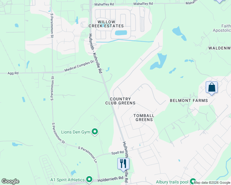 map of restaurants, bars, coffee shops, grocery stores, and more near 21622 Country Club Green Drive in Tomball